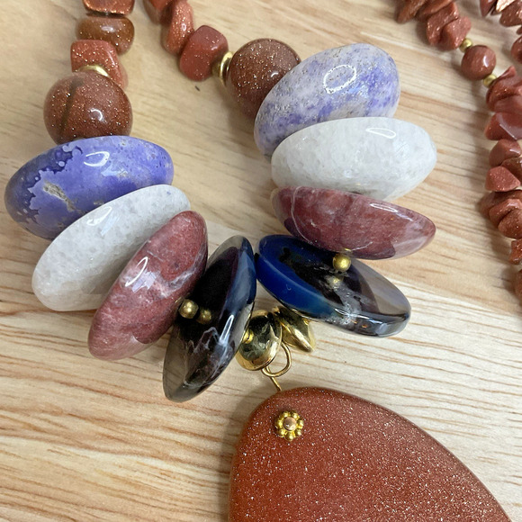 Goldstone Bead Necklace with Large Pendant & Natural Stone Accents - Picture 5 of 13